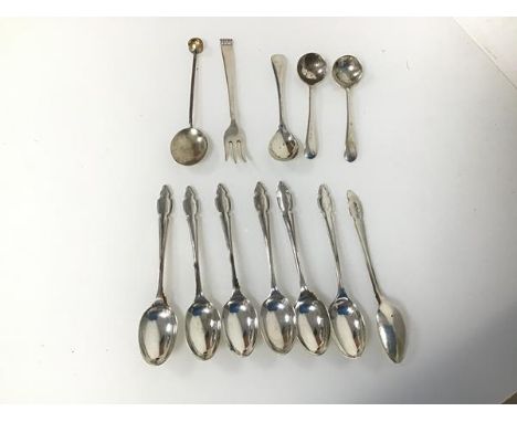 A set of seven Sheffield silver teaspoons, some with repairs, a Birmingham silver teaspoon set with a citrine to stem, salt s