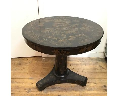 A Regency style painted centre table, allover decorated with gilt Chinoiserie against a black ground, the circular top raised