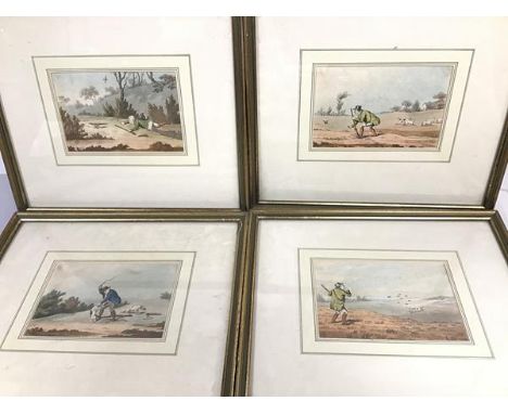 A set of four 19thc coloured prints depicting Hunting Scenes (each: 12cm x 18cm)