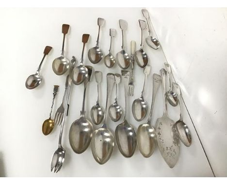 An assortment of Epns spoons and forks, including a long pickle fork with a figure inscribed The Tom-Tom Man (28cm), several 