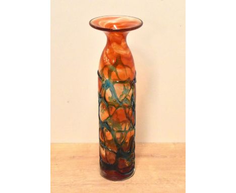 An attractive and eye catching Mdina art glass vase, having a flared rim and cylindrical body in swirled orange with applied 