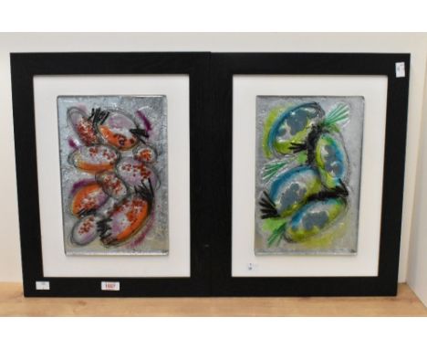 Christine Romano (local contemporary) two attractive abstract art glass panels, mounted within stained wooden frames, 47cm x 