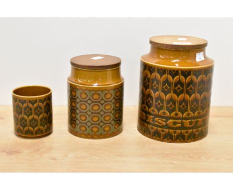 A vintage Hornsea Pottery Hairloom pattern lidded storage jar, named for biscuits 20cm sold together with a Hornsea Pottery B