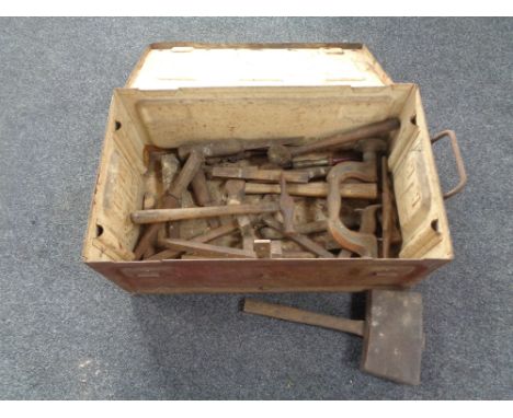 A metal military chest containing vintage woodworking tools, folding rule, mallet etc  
