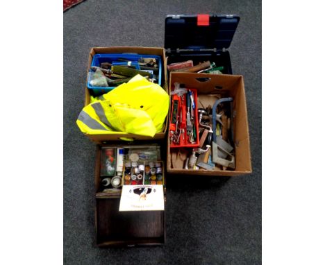 Two boxes containing tool caddies, assorted hand tools, plastic toolbox, high visibility work wear, together with a further c