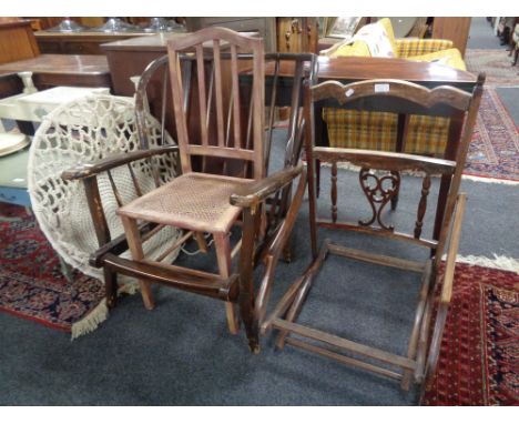 An Ercol wingback armchair (as found) together with an Edwardian folding chair (as found), an Edwardian bergere seated bedroo