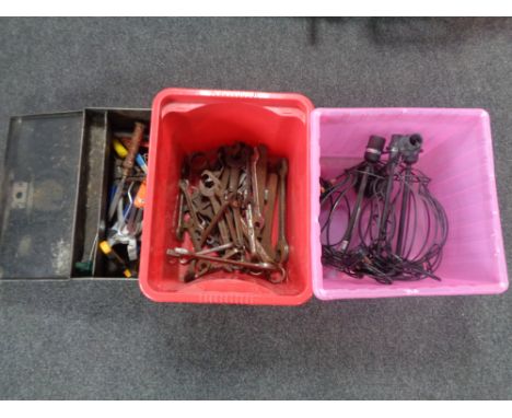 A metal tool box containing assorted hand tools together with two further crates containing spanners and Ikea table lamps   