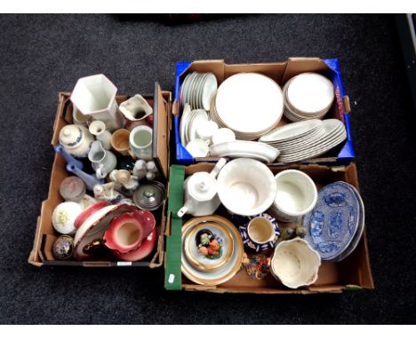 Three boxes containing assorted china and dinnerware to include figurines, Imari jug, washbowl with basin, planters, Adam's b