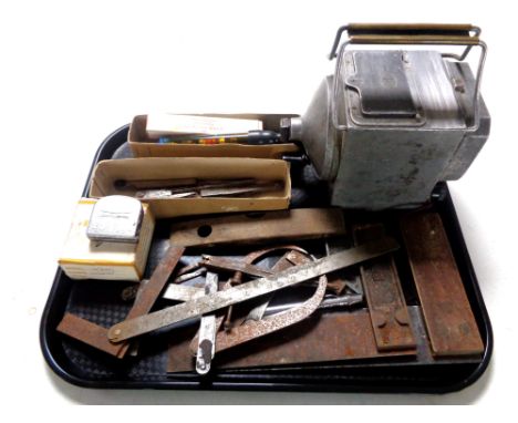 A tray containing a MEG insulation tester, vintage joinery tools and measures by Moore and Wright, Rabone tape measures etc  