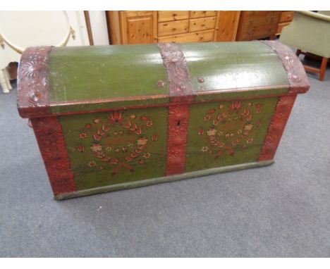 A 19th century painted dome topped shipping trunk with metal mounts  