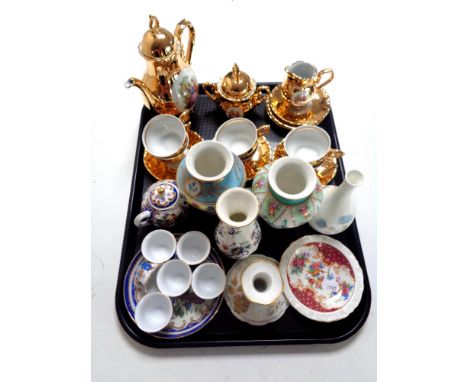 A tray containing assorted china to include an 8 piece Japanese miniature tea service, a 15 piece Bavarian gilded tea service