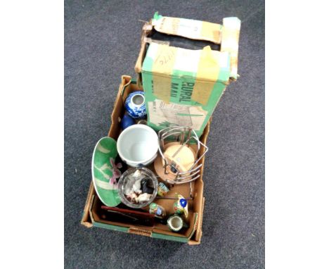 A box containing boxed 20th century US Mail model no. 1-C postbox, assorted china, Hummel figure, antique glass bottle etc