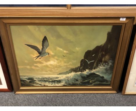 Twentieth Century School : Seascape with Seagulls and Cliffs, oil on board, indistinctly signed bottom left, 59 cm x 82 cm, f