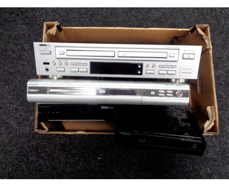 A box of Welltech CD twin deck recorder, Phillips DVD recorder, Freeview box, Maidstone blu ray player 