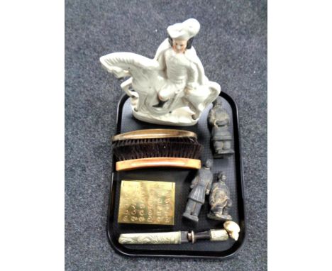 A tray containing pottery Ottoman soldiers, Eastern dagger in sheath, a resin netsuke, Staffordshire flat back figure, brass 