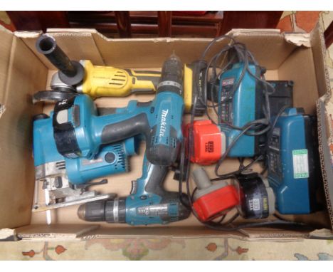 A box containing four power tools to include Makita 18v electric drill (X2), Makita 18v jigsaw, with batteries and chargers, 