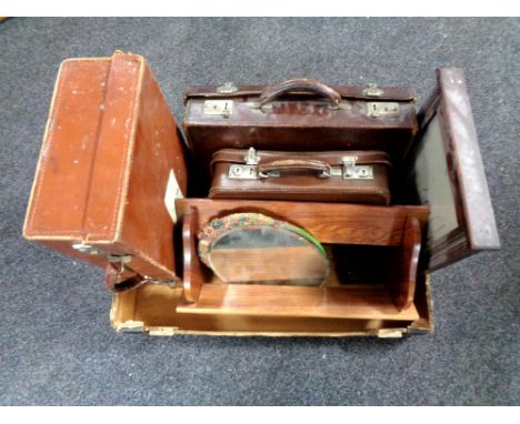 A box of barbola mirror, Edwardian shaving mirror with shelf, three vintage leather cases, book stand 