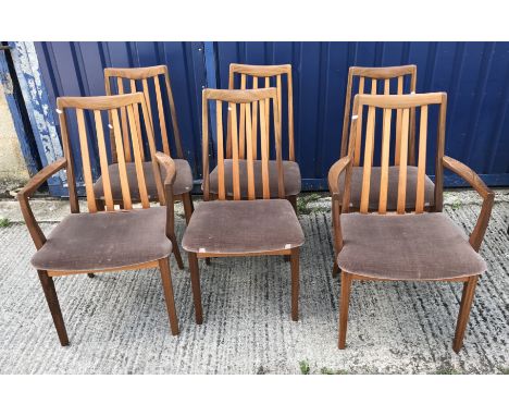 A set of six 1970s G Plan teak slat back dining chairs with upholstered seats on square supports, 49 cm wide x 44 cm deep x 9