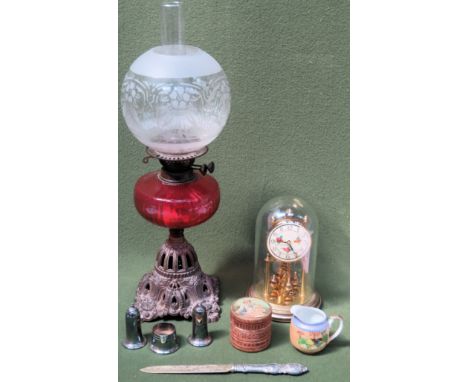Mixed lot including Oil lamp with cranberry glass reservoir, Pears talcum powder, mantle clock, plated ware etc

All in used 