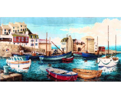 Vintage unframed tapestry wall hanging depicting a harbour scene. Approx. 68 x 128cms

reasonable used condition 