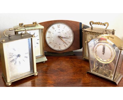 METAMEC MANTLE CLOCK, ALSO THREE BATTERY CLOCKS PLUS ANOTHER, ALL AS FOUND

 