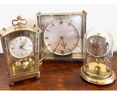 FOREIGN BATTERY OPERATED MANTLE CLOCK, ALSO SMALL CLOCK UNDER DOME, AND SCHATZ ANNIVERSARY CLOCK

 