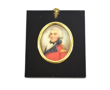 English School (late 18th century): A Miniature Bust Portrait of an Army Officer, wearing scarlet tunic with gold epaulettes,