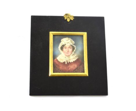 English School (late 18th century): A Miniature Bust Portrait of Elizabeth Hill, wearing a lace cap and collar, inscribed ver