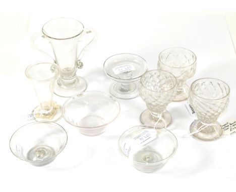 A Syllabub or Jelly Glass, circa 1750, the bell shaped bowl with two loop handles, on a ball knop stem and domed foot, 12.5cm