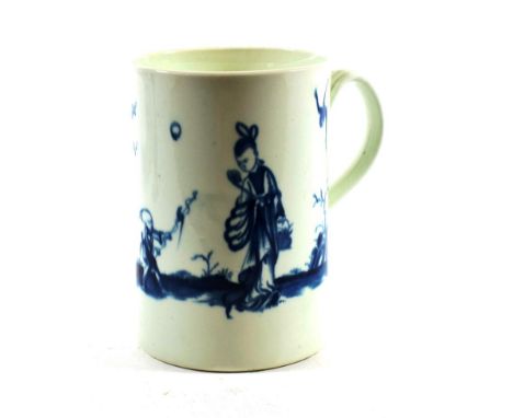 A Worcester Porcelain Mug, circa 1760, painted in underglaze blue with The Walk in the Garden pattern, crescent mark in under