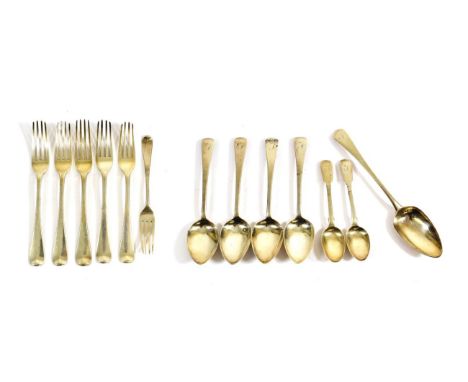 A Collection of George III and George IV Silver Flatware, Old English pattern, engraved with an initial, comprising:  5 table