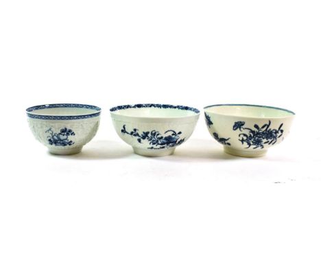 A Worcester Porcelain Bowl, circa 1760, painted in underglaze with The Feather Moulded Floral pattern on a moulded ground, wo