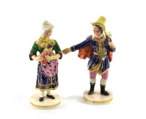 A Pair of Bloor Derby Porcelain Figures, circa 1830, as a gentleman holding an axe and a lady holding a small child, both in 