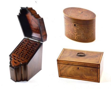 A George III Mahogany and Satinwood Banded Knife Box, of serpentine fronted form, with fitted interior, 36.5cm wide; A Simila