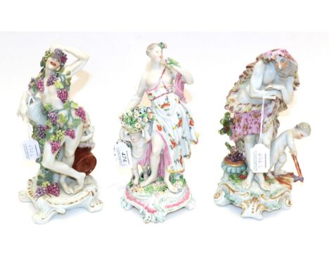 A Matched Set of Three Derby Porcelain Figures of The Seasons, circa 1765, Spring as a classical maiden holding a basket of f