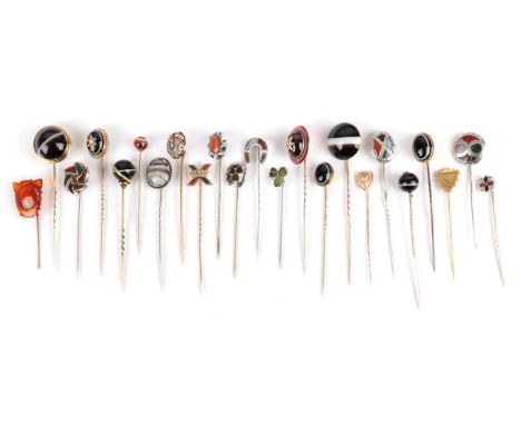 Twenty-Three Stick Pins; including a carbuncle garnet and seed pearl atop a banded agate example, seven sardonyx examples, tw