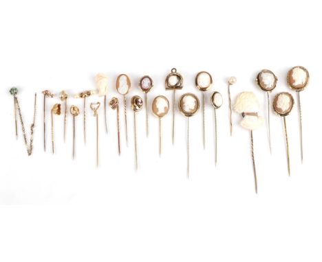 Twenty-Two Stick Pins, including thirteen cameo examples; pearl set examples etc, three cased   Provenance: Private North Eas