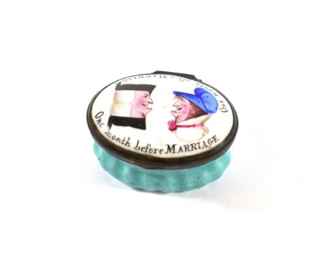 A South Staffordshire Enamel Patch Box and Cover, circa 1800, of oval form, the cover with reversable portraits of a lady and