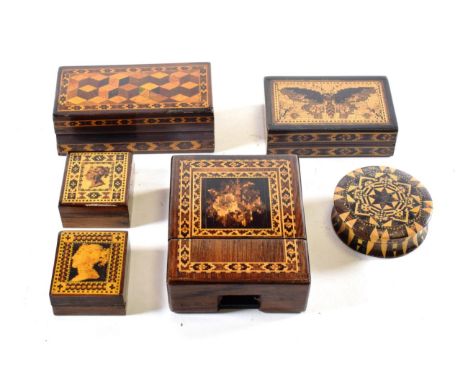 A Tunbridgeware Pocket Watch Holder, mid 19th century, with foliate panel within geometric borders, 8.5cm wide; A Tunbridgewa