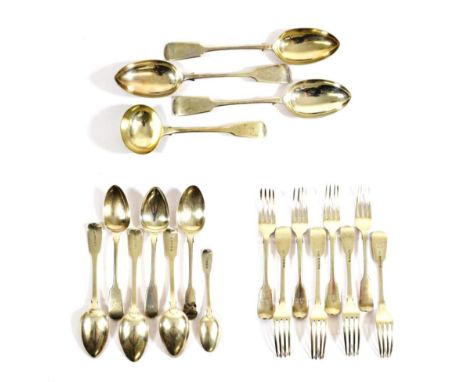 A Collection of George III and Later Silver Flatware, Fiddle pattern, most pieces engraved with various initials or crests, c