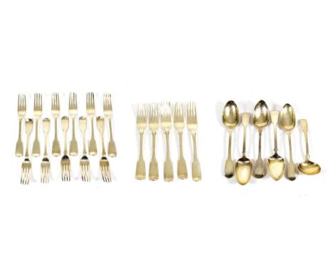 A Collection of George III, George IV, William IV and Victorian Silver Flatware,  Fiddle pattern, engraved with initials, com