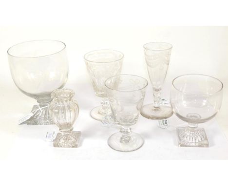 An Early Victorian Goblet, the semi-fluted bucket bowl inscribed Sarah Ann Hughes within a floral cartouche, on a knopped ste