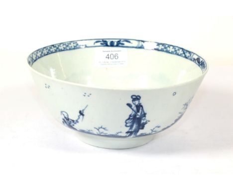 A Worcester Porcelain Bowl, circa 1758, painted in underglaze blue with The Walk in the Garden pattern, workman's mark in und