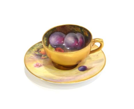 A Royal Worcester Porcelain Miniature Teacup and Saucer, painted by Thomas Lockyer and F Harper, 1920, painted with a still l