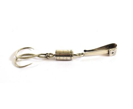 A George III Silver Game-Hook, Apparently Unmarked, Circa 1800, with a reeded barrel with suspension loops top and bottom, th