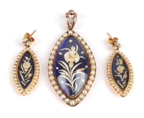 A Pearl Pendant and Earring Set, circa 1850, each with a lozenge shaped form, with blue enamel background and seed pearls ove