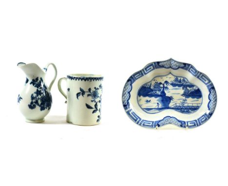 A Caughley Porcelain Kidney Shape Dessert Dish, circa 1790, painted in underglaze blue with The Weir pattern, 27cm wide; A Si