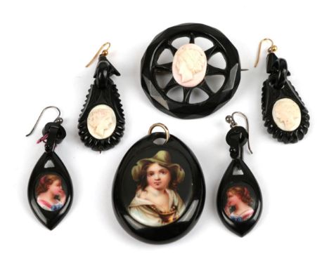 A Small Quantity of Jet Jewellery, including; a jet pendant, with a portrait inlaid, measures 3.6cm by 5.3cm; a jet brooch, o
