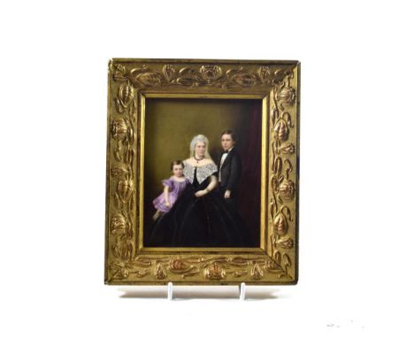 An English Porcelain Plaque, painted by John Simpson, dated 1865, with family portrait of Mrs Latty Bickley and sons, titled,