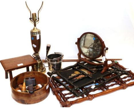A 19th Century Mahogany Footstool, 24cm wide; A Mahogany Framed Swing Toilet Mirror; Two Turned Hat/Coat Racks; A Grain Measu